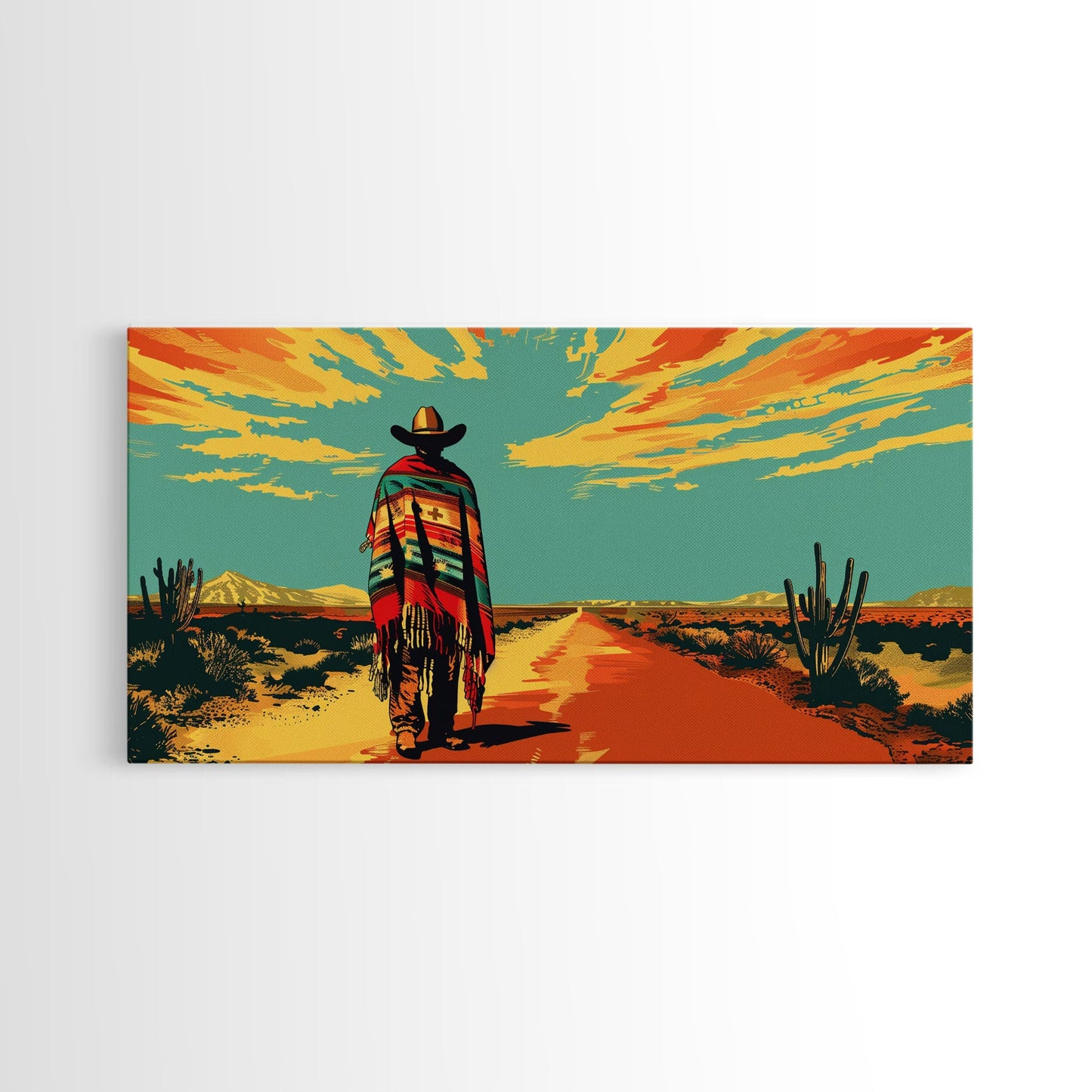 Lone Cowboy with Cactus in Desert, Perfect Living Room Art, Framed Canvas Print, Rustic Home Decoration, Boho Wall Art