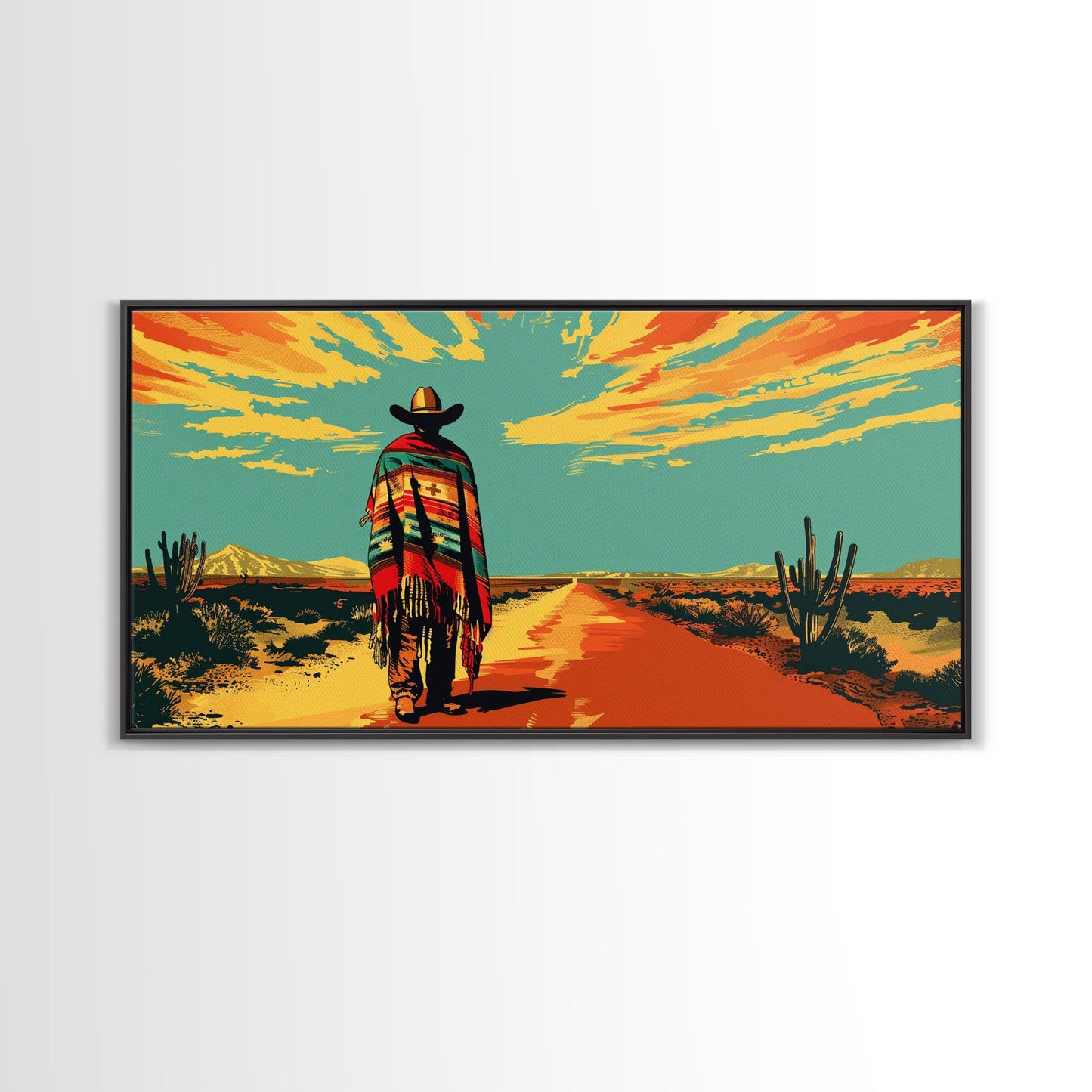 Lone Cowboy with Cactus in Desert, Perfect Living Room Art, Framed Canvas Print, Rustic Home Decoration, Boho Wall Art