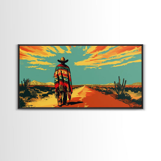 Lone Cowboy with Cactus in Desert, Perfect Living Room Art, Framed Canvas Print, Rustic Home Decoration, Boho Wall Art