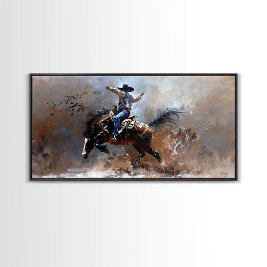 Rodeo Cowboy on Bucking Horse, Farmhouse Style Framed Canvas Print for Bedroom Wall Art, Rustic Home Decor, Western Action Art