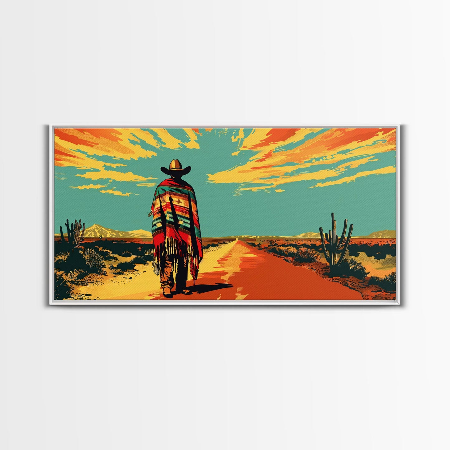 Lone Cowboy with Cactus in Desert, Perfect Living Room Art, Framed Canvas Print, Rustic Home Decoration, Boho Wall Art